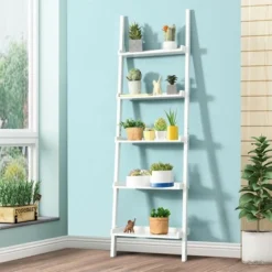 Costway Versatile White 5-Tier Bookshelf Leaning Wall Shelf Ladder Bookcase Storage Display Furni -Costway GUEST 29a20adb 3149 41af a4e8 07d8ce030ab6