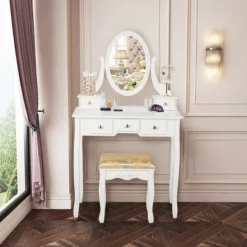 Costway Vanity Table Dressing Table 5 Make Up Table Stool -Costway GUEST 2be17350 4af8 497a a68e 1cae5449fc00