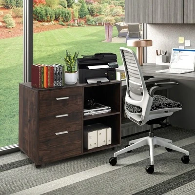 Costway 3-Drawer Wood File Cabinet Mobile Lateral Printer Stand With Open Storage Shelves 4 Costway 3-Drawer Wood File Cabinet Mobile Lateral Printer Stand With Open Storage Shelves - Image 2