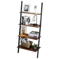 Costway Industrial Ladder Shelf 4-Tier Leaning Wall Bookcase Plant Stand Rustic Black/Brown -Costway GUEST 2c2cff4e 8d27 4980 bb99 c6a15b4bf981