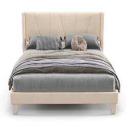 Costway Full/Queen Size Upholstered Bed Frame With Elastic Pockets Mattress Foundation Beige