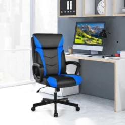 Costway Office Chair Computer Desk Chair Swivel Gaming PU Leather W/Padded Armrest WhiteBlueRed