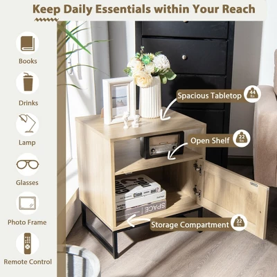 Costway 2PCS Nightstand W/ Cabinet Wooden Side End Table Rattan Decorated Door Oak 6 Costway 2PCS Nightstand W/ Cabinet Wooden Side End Table Rattan Decorated Door Oak - Image 4