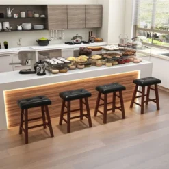 Costway Set Of 2 Upholstered Barstools 24''/29'' Backless Rubberwood Dining Chairs Black&Brown -Costway GUEST 2ef4621b 1f5c 4ece b1a0 da4e3f1652c6