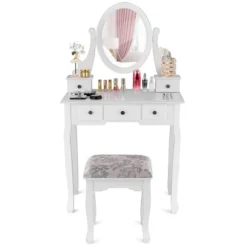 Costway Makeup Desk Vanity Dressing Table Oval Stool 5 Storage Drawers -Costway GUEST 30113868 d116 489d 969b 934a93030f50