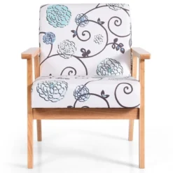 Costway Modern Accent Armchair Fabric Lounge Chair W/Rubber Wood Leg White&Blue Floral -Costway GUEST 30263531 df66 4757 a9e6 53db5dc5980a