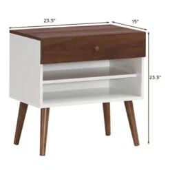 Costway Nightstand End Side Table Drawer Storage Shelf Mid-Century Rubber Wood Leg