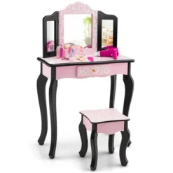 Costway Kid Vanity Set Wooden Makeup Table Stool Tri-Folding Mirror Leopard Print Pink -Costway GUEST 31447d76 e144 432d 9814 817cac7d5f6f