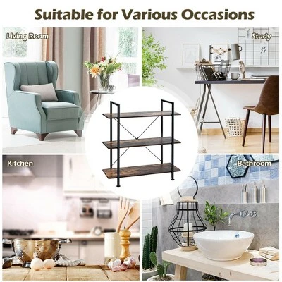 Costway 3-Tier Bookshelf Industrial Bookcase Display Shelf Storage Rack Rustic Brown 9 Costway 3-Tier Bookshelf Industrial Bookcase Display Shelf Storage Rack Rustic Brown - Image 7