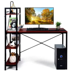 Costway 47.5'' Compact Computer Desk With 4-Tier Storage Bookshelves For Home Office