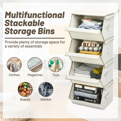 Costway Stackable Large Bins Cubes W/Lids Storage Organizers W/Linen&Oxford Fabric 4 Sets 5 Costway Stackable Large Bins Cubes W/Lids Storage Organizers W/Linen&Oxford Fabric 4 Sets - Image 3