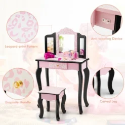 Costway Kid Vanity Set Wooden Makeup Table Stool Tri-Folding Mirror Leopard Print Pink -Costway GUEST 36f1909f a3a9 47f8 9274 61a7cf5e8865