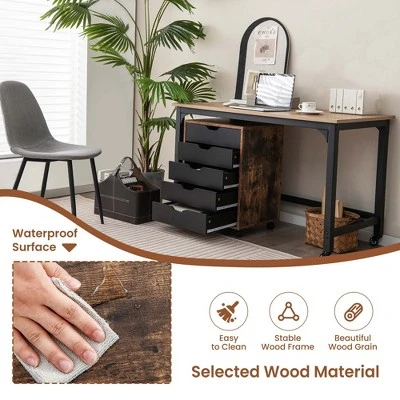 Costway 5 Drawer Chest Storage Dresser Floor Cabinet Organizer With Wheels Rustic Brown 10 Costway 5 Drawer Chest Storage Dresser Floor Cabinet Organizer With Wheels Rustic Brown - Image 8