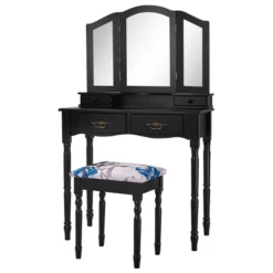 Costway Black Tri Folding Mirror Vanity Makeup Table Stool 4 Drawers -Costway GUEST 39562062 af63 430d 8a0b 6b31958a8f42