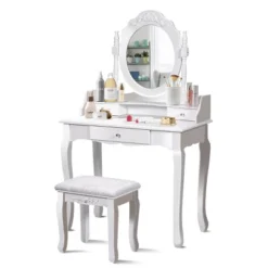 Costway White Vanity Wood Makeup Dressing Table Stool 3 Drawer -Costway GUEST 3988ca20 7007 4b83 b59c 11aeaabc9d12