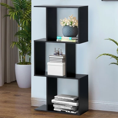 Costway 3-tier S-Shaped Bookcase Free Standing Storage Rack Wooden Display Decor Black 4 Costway 3-tier S-Shaped Bookcase Free Standing Storage Rack Wooden Display Decor Black - Image 2