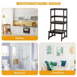 Costway Kids Kitchen Step Stool Wooden Toddler Stand Helper W/ Safety Rail GrayBrown -Costway GUEST 3bca2289 f90f 4885 90f1 909a100d6fcc