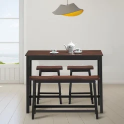 Costway 4 Pcs Solid Wood Counter Height Table Set W/ Height Bench & Two Saddle Stools Brown -Costway GUEST 3c5147e1 7726 410b 9e9d 235debc0a648