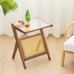 Costway Rattan Side Table Bamboo Accent Bedside Table With Tempered Glass Top Walnut/Natural