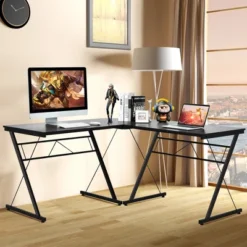 Costway 59'' L-Shaped Computer Table Study Workstation Home Office BrownBlack