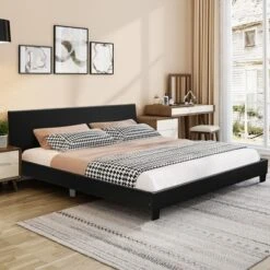 Costway Queen Upholstered Platform Bed Frame With Linen/PU Headboard Wood Slat Gray/Black