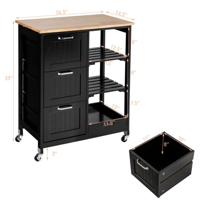 Costway Rolling Kitchen Island Utility Storage Cart W/ 3 Storage Drawers & Shelves White/Black 4 Costway Rolling Kitchen Island Utility Storage Cart W/ 3 Storage Drawers & Shelves White/Black - Image 2