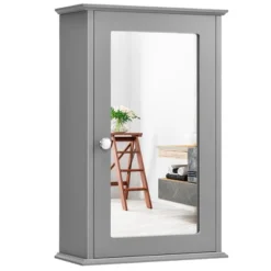 Costway Bathroom Wall Cabinet Single Mirror Door Cupboard Storage Medicine Cabinet Wood Shelf GreyBrown -Costway GUEST 41be0603 bd9b 4a56 8837 b42c496d4ada