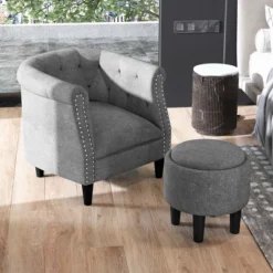 Costway Modern Accent Chair With Ottoman Armchair Barrel Sofa Chair With Footrest Grey -Costway GUEST 41db5b6a d838 4351 87c2 54106f517304