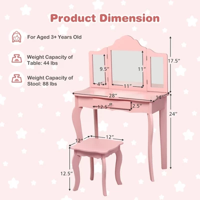 Costway Kids Vanity Table & Stool Princess Dressing Make Up Play Set For Girls Pink 11 Costway Kids Vanity Table & Stool Princess Dressing Make Up Play Set For Girls Pink - Image 9