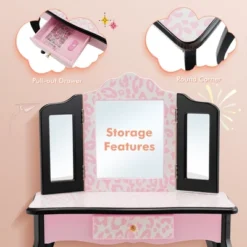 Costway Kid Vanity Set Wooden Makeup Table Stool Tri-Folding Mirror Leopard Print Pink -Costway GUEST 4201270a 3a59 4faf 8da9 9e116e12edd7