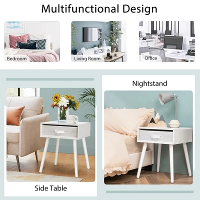 Costway Set Of 2 Mid-Century Nightstand End Accent Bedside Table W/ Drawer Rustic WhiteBrown 7 Costway Set Of 2 Mid-Century Nightstand End Accent Bedside Table W/ Drawer Rustic WhiteBrown - Image 5