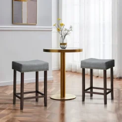 Costway Set Of 2 Nailhead Saddle Bar Stools 24'' Height W/ Fabric Seat & Wood Legs BeigeGray -Costway GUEST 425fd14b 53fe 4b80 8b9c 5df4244ad0e5