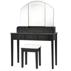 Costway Vanity Table Stool Set Large Tri-folding Lighted Mirror 6 Drawer Dresser WhiteBlack -Costway GUEST 43680495 703d 4a6f 9cf9 2cda55196efa