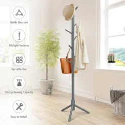 Costway Wooden Coat Rack Stand Hall Tree Entryway Organizer 2 Heights W/ 8 Hooks GreyWalnut -Costway GUEST 4480104e f892 4523 865d ef20e2fe9668