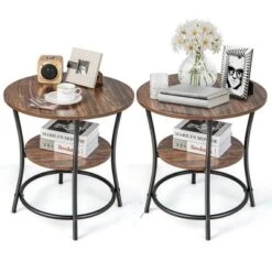Costway 2 PCS 2-Tier Sofa Side End Table Round Nightstand With Sturdy Metal Frame Brown/Oak -Costway GUEST 45dbc5b2 4e67 493a a759 f5992aaec732