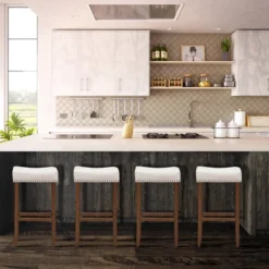 Costway Set Of 4 Nailhead Saddle Bar Stools 29'' Height W/ Fabric Seat & Wood Legs Gray/Beige