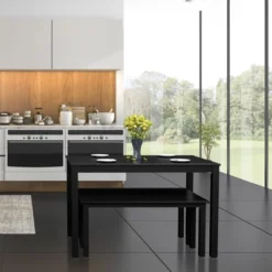 3pcs Dining Set Modern Studio Collection Table With 2 Benches Wood Legs Black -Costway GUEST 4770e623 e71d 4008 90bf 32d95b7af86c