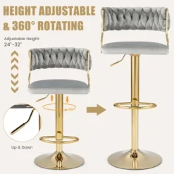 Costway Swivel Velvet Bar Stools Set Of 2 Upholstered Adjustable With Woven Backrest Grey/Beige/Yellow -Costway GUEST 486b69e1 1c00 4bbd a958 e70269780682