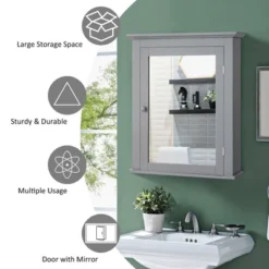Costway Bathroom Mirror Cabinet Wall Mounted Adjustable Shelf Medicine Grey/Black -Costway GUEST 494ef151 11c3 4f52 91ec 6dfc3d993f91