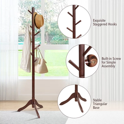 Costway Wooden Coat Rack Stand Entryway Hall Tree 2 Adjustable Height W/ 8 Hooks GrayBrown 11 Costway Wooden Coat Rack Stand Entryway Hall Tree 2 Adjustable Height W/ 8 Hooks GrayBrown - Image 9