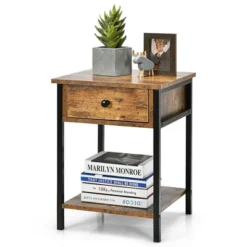 Costway Industrial End Side Table Nightstand With Drawer Shelf Rustic Brown -Costway GUEST 49704cb2 7c5b 4b89 94ac ec0badf67c8a