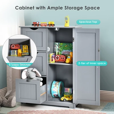 Costway Bathroom Floor Cabinet Side Storage Cabinet With 3 Drawers And 1 Cupboard Grey Black 5 Costway Bathroom Floor Cabinet Side Storage Cabinet With 3 Drawers And 1 Cupboard Grey Black - Image 3