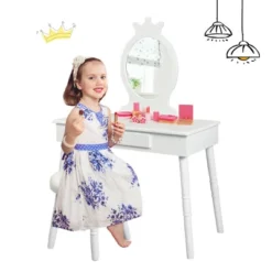 Costway Kids Vanity Makeup Table & Chair Set Make Up Stool Play Set For Children -Costway GUEST 4ad2da39 f72b 4a88 b12c 0030da7e0fa8
