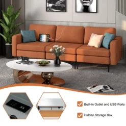 Costway Modular 3-Seat Sofa Couch W/ Socket USB Ports & Side Storage Pocket OrangeDark Grey -Costway GUEST 4b49f521 8c16 4aac a17f 304f1a857195