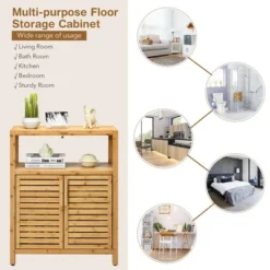 Costway Two-door Bamboo Bathroom Floor Cabinet Storage Organizer W/ Open Shelf -Costway GUEST 4d6d680e d056 4856 80ac adc3a92f14e5