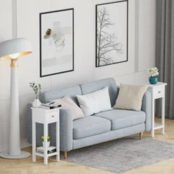 Costway 2PCS 2 Tier End Bedside Sofa Side Table With Drawer Shelf Acacia Wood Nightstand White -Costway GUEST 4d796398 c11a 4a8f 830e 936aa4a77967