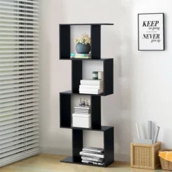 Costway 4-tier S-Shaped Bookcase Free Standing Storage Rack Wooden Display Decor Black -Costway GUEST 4dd00fa5 a83c 4859 aee2 cb8e790a18bd