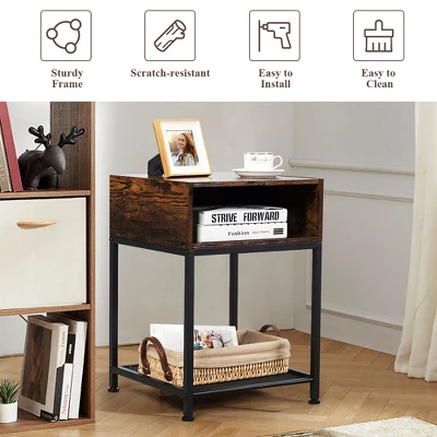 Costway Industrial Nightstand End Side Table W/ Compartment & Mesh Shelf Rustic Brown 7 Costway Industrial Nightstand End Side Table W/ Compartment & Mesh Shelf Rustic Brown - Image 5