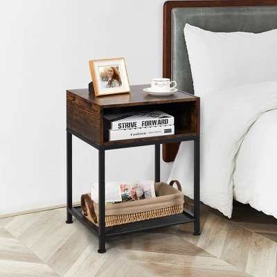 Costway Industrial Nightstand End Side Table W/ Compartment & Mesh Shelf Rustic Brown 5 Costway Industrial Nightstand End Side Table W/ Compartment & Mesh Shelf Rustic Brown - Image 3