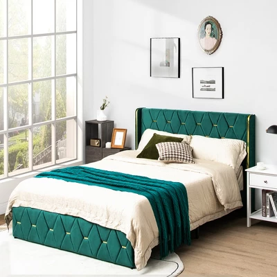 Costway Upholstered Platform Bed Frame Adjustable Headboard Footboard Modern Green 3 Costway Upholstered Platform Bed Frame Adjustable Headboard Footboard Modern Green